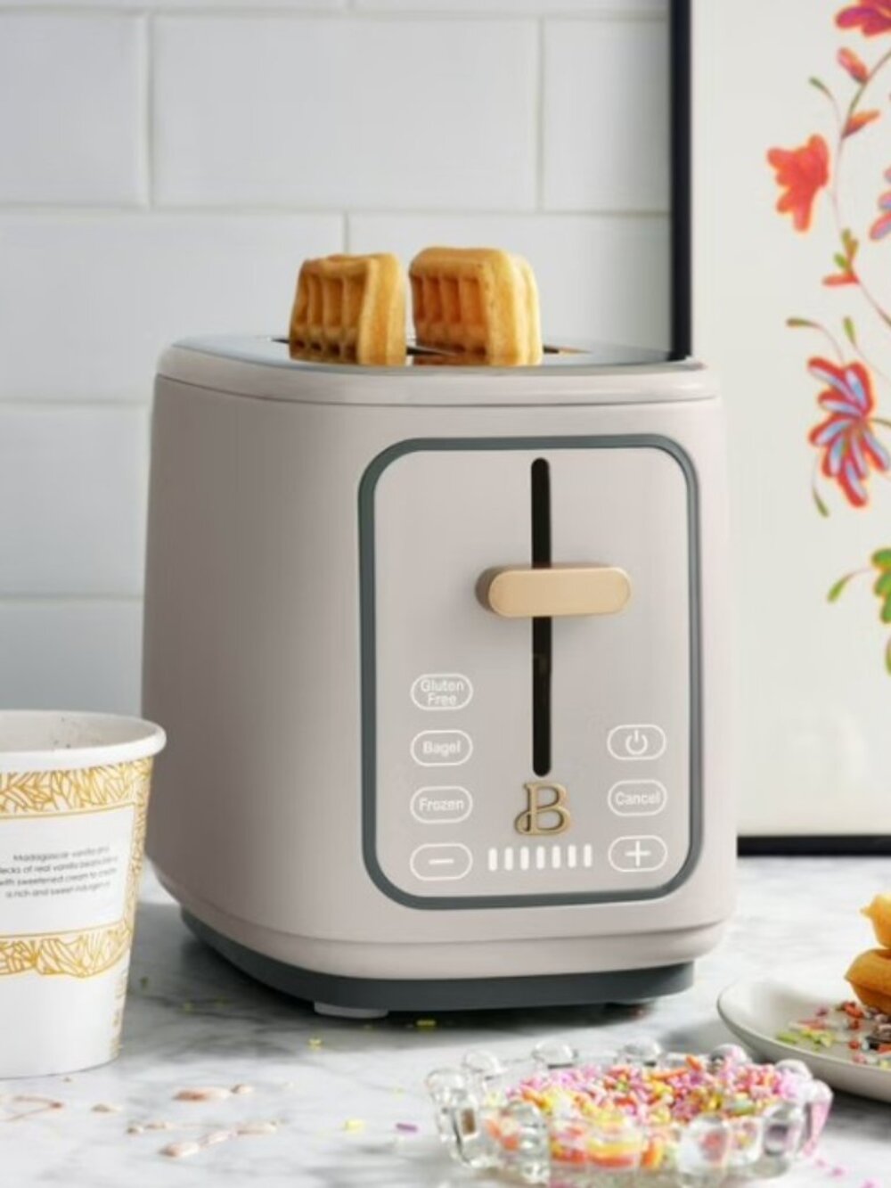Beautiful 2 Slice Toaster Touch-Activated Display, Porcini Taupe Drew Barrymore